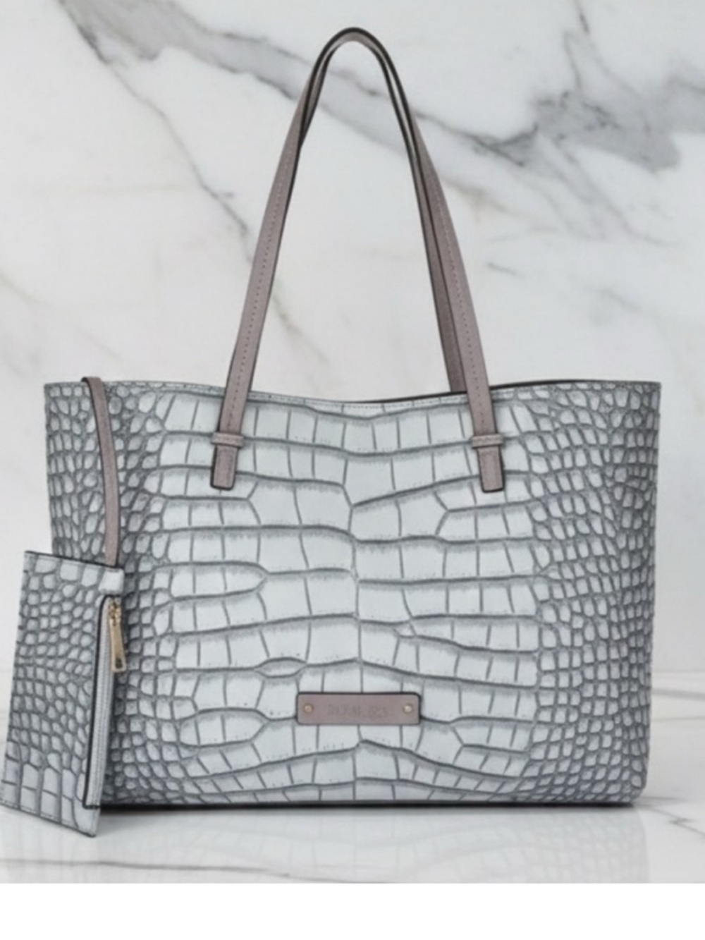 Croc-Embossed Tote Bag with Wristlet in Light Gray
